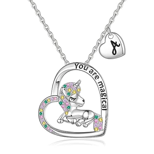 Unicorns Gifts for Girls Necklaces, White Gold Plated Colorful CZ Unicorn Necklace for Girls Heart Unicorn Necklace for Girls Letter Initial Necklaces for Girls Kids Unicorn Gifts for Girls Jewelry