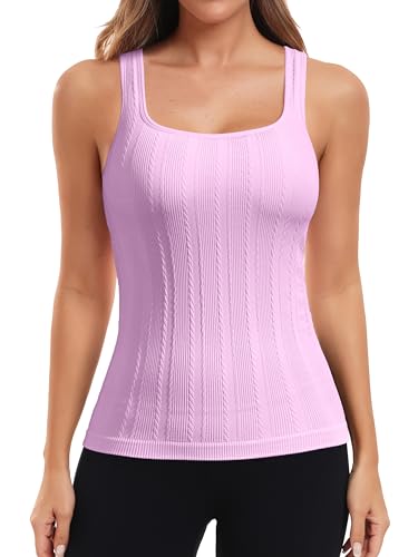 Image of ATTRACO Ribflex Workout Tank Tops for Women Seamless Full Length Gym Tops Athletic Yoga Top Built in Bra
