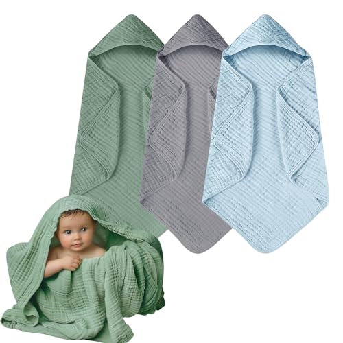 Image of Momsnug Hooded Baby Towels, 3 Pack Muslin Cotton Baby Towel Set, Super Soft and Absorbent Bath Towel for Babies, Infant, Toddler and Kids, Newborn Essential (35 X 35 Inch) (Green + Grey + Blue)