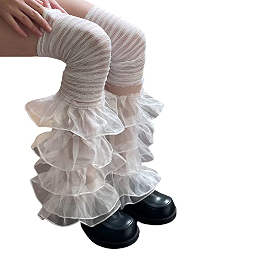 Image of Women Leg Warmers Ruffled Lace Patchwork Long Thigh High Socks Boot Cuffs Cover for Streetwear