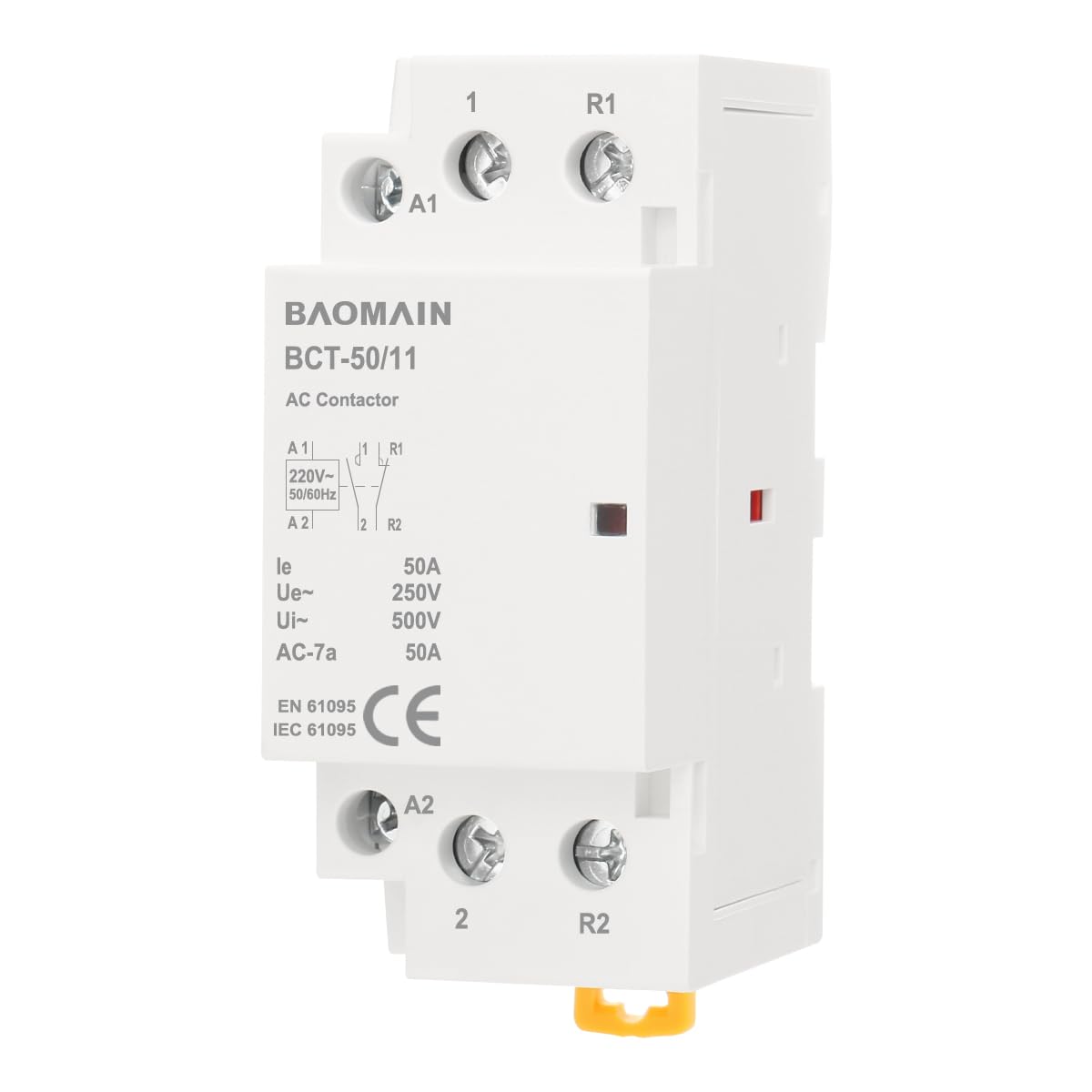 Baomain 220V AC 2-Pole Modular Contactor, 50A 1NO1NC Normally Open + Normally Closed, DIN Rail Mount for HVAC, Motor, Pump & Lighting Control BCT-50/