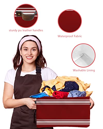 Storage Cubes Organizer With Handles, Rustic Farmhouse Storage Bins Fabric Collapsible Storage Baskets For Shelf Closet Nursery Cloth Organizers Box Burgundy Stripes 2Pcs-15X11X9.5In #TOP3