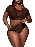 SOLY HUX Bikini Sets for Women Plus Size Halter Triangle Bikini Bathing Suit with Cover Up Tops 3 Piece Swimsuits Solid Chocolate Brown 2XL