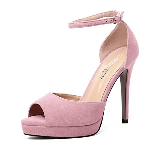 SKYSTERRY Womens Wedding Buckle Suede Ankle Strap Sexy Platform Peep Toe Stiletto High Heel Pumps Shoes 4.7 Inch