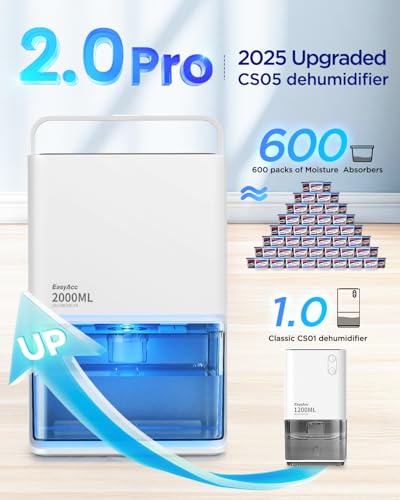 Image of EasyAcc Dehumidifiers for Home, 2000ml Dehumidifier Pro - 500-650ml /Day-3 Modes Speeds /Ultra Quiet /Auto Defrost 7 Colour LED Light Auto Shut Off - Ideal for Bedroom RV Car Kitchen Garage Damp White