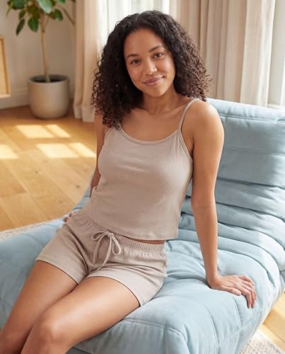 Image of Real Essentials 2 Pack: Women's Ribbed Cropped Cami and Short Set Pajama Sleep Lounge Sleepwear PJ Soft Drawstring Shorts