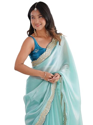Image of AKHILAM Women's Shimmer Satin Sequence Embroidery Work Border Saree With Unstitched Blouse Piece