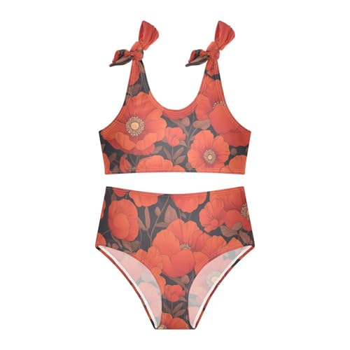 Vibrant Floral Pattern Poppy Girls Two Piece Kids Bikini Set Scoop Neck Bathing Suit Swimwear Adjustable Shoulder Strap3