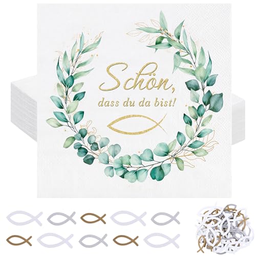 40 Stück Servietten Taufe 6.5 Zoll Eukalyptus Fisch Servietten Schön Dass Du Da Bist Grün Papierservietten und 48 Holz Fische Taufdeko für Junge Mädchen