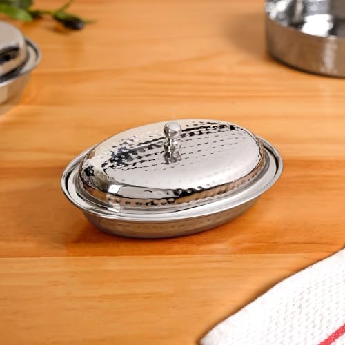 Image of Nestasia Stainless Steel Serving Bowl with Lid (350ml) - Hammered Oval Steel Curry Dish with Glossy Finish | Rust, Stain & Scratch Resistant Entree Dish for Serving Dal, Curry, Sabji, Gravy