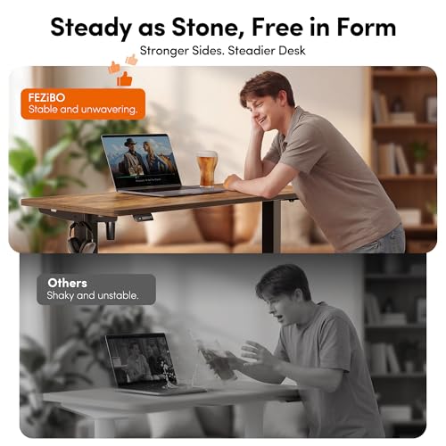 Image of FEZIBO Standing Desk, 55 x 24 Inches Electric Height Adjustable, Sit Stand Up, Computer Office Desk with Splice Board, Black Frame /Rustic Brown TOP
