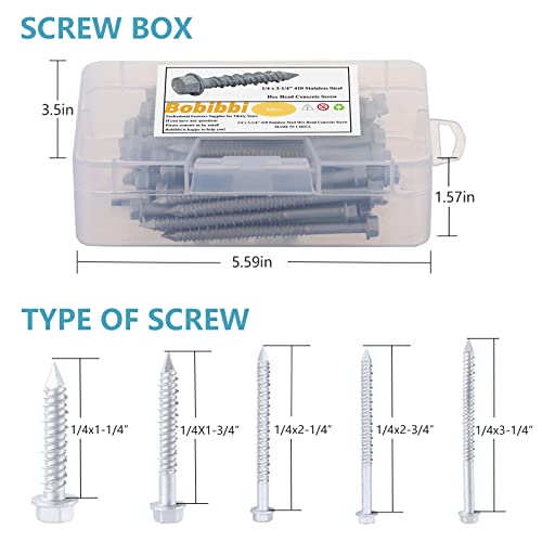 Bobibbi 1/4 X 1-1/4" 410 Stainless Steel Hex Head Tapcon Concrete Screw Anchor, For Anchoring To Masonry, Block Or Brick (50Pcs) #TOP4