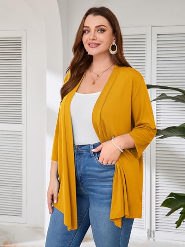 AusLook Women's Plus Size Lightweight Open Front Cardigan Ginger 3X Causal 3/4 Sleeve Cover Ups Shrugs Tops Shawls and Wraps Kimono Jacket Coat — view 5