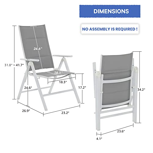 Soleil Jardin Folding Patio Chairs Set Of 4, Aluminum Portable Reclining Lawn Chairs With Adjustable High Backrest & Soft Padding, Outdoor Dining Chairs For Porch Pool Yard, No Assembly, White & Gray #TOP2