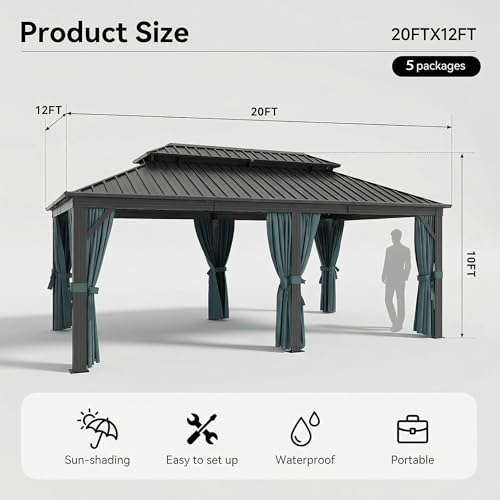 Image of HOTEEL 12x20 Gazebo on Clearance with Metal Roof, Heavy Duty Hardtop Gazebo with Flame-Retardant Curtain & Netting, Outdoor Hard Top Gazebos with Galvanized Steel Double Roof for Backyarad,Patio Black