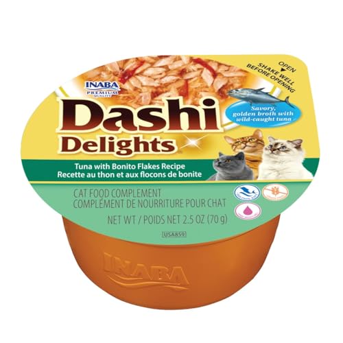 INABA Dashi Delights Gatos - Caldo Saludable con Copos de Atún, Queso y Bonito - Alto Contenido en Proteínas - Ingredientes Naturales - Sin Conservantes ni Colorantes - 70 g
