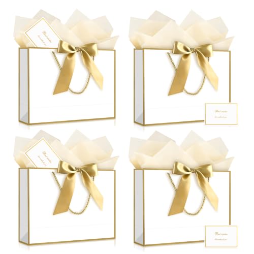 Image of JMANNI Gift Bags with Handles, 13 inch Medium Gift Bag for Presents, 4 Pcs Bags with 8 Tissue Paper and 4 Cards for Graduation Baby Shower Wedding Fathers Day Mother's Day Birthday Party(white gold)