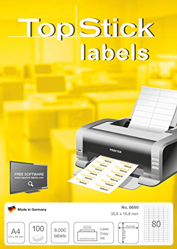 TopStick 8660 - Etiquetas autoadhesivas universales A4 muy pequeño (35,6 x 16,9 mm, papel) 100 hojas, 80 etiquetas por hoja, 8000 etiquetas, para impresoras inkjet y láser