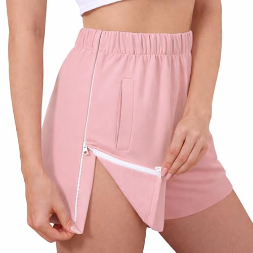 Liokoc O-Dual Zipper Womens Tear Away Shorts Post Surgery Adaptive Clothing for Knee Hip Recovery with Pockets Pink