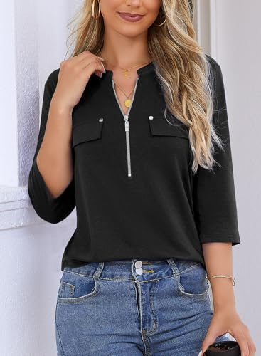 Image of Bulotus Womens 3 /4 Sleeve Tops Plus Size V Neck Zipper Business Casual Blouses for Office & Going Out Soft Knit Tunics, M-3XL