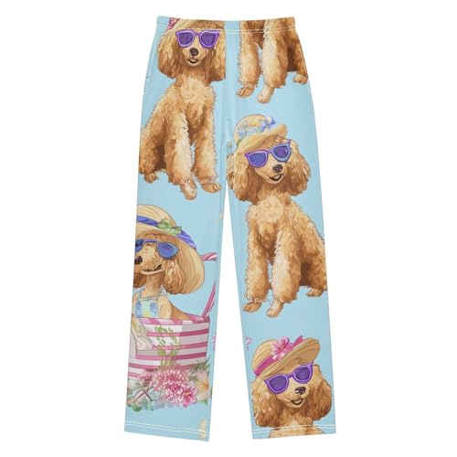 Poodles Spring Floral Boys Long Pants Soft Trousers Elastic Waist Kids Lounge Bottoms with Pockets S-XL
