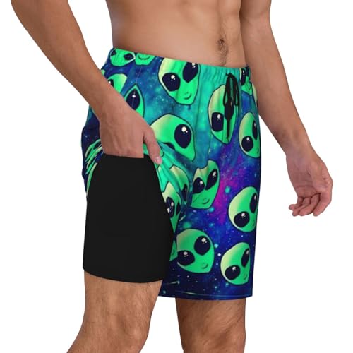 Green Aliens Print Men's Double Shorts Casual Lightweight Elastic Waist Drawstring Summer Beach Shorts2