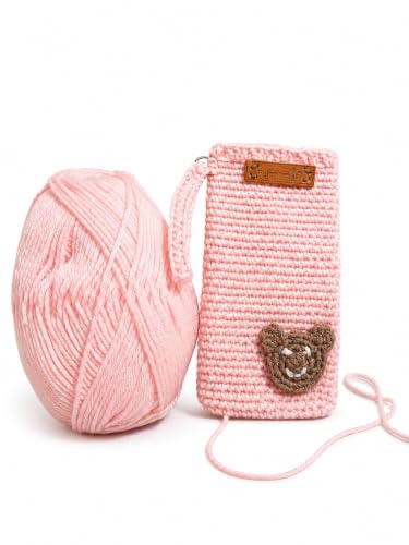 Image of Handmade Crochet Mobile Pouch for Women & Girls | Knitted Phone Holder with Wrist Strap | Cute Floral Aesthetic Mobile Cover Case | Soft Yarn Handmade Gift (Pastelpink)