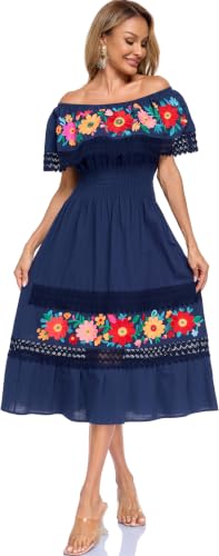 Image of YZXDORWJ Women Embroidered Mexican Peasant Casual Sexy Lace Off-Shoulder Long Dress