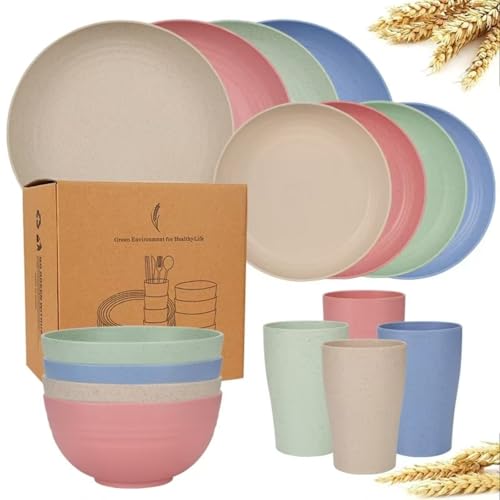 キッチン 小麦わら食器セット 4人用 16ピース モダンデザイン 食器セット ディナープレート シリアルボウル カップ付き 壊れないプラスチック製 麦わら素材 キャンプ アウトドアにも最適 (Dカラーミックス)