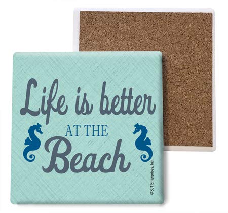 SJT ENTERPRISES, INC. Life is Better at the Beach - Sea Horse Images/Beach Themed 4-pack of 4" Absorbent Stone Coasters (SJT04921)