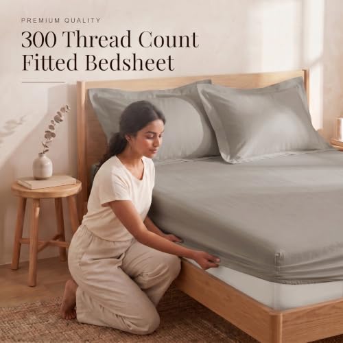 Image of Huesland 300 TC Premium 100% Pure Cotton Luxe Soft Touch Fitted Single Size Bedsheet Cotton with 2 Pillow Covers | Vintage Khaki | 36 x 78 Inches