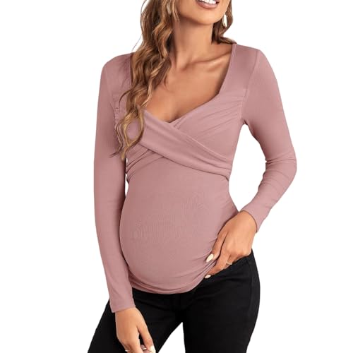 Chemise de maternité col en V côtelée et extensible pour allaitement au quotidien