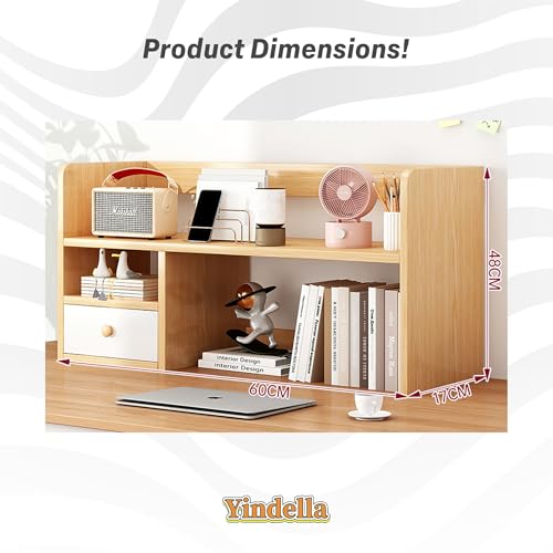 Image of Yindella Desk Bookshelf Wooden Tabletop Organizer Shelf for Books Files and Stationery Space-Saving Study Table Rack for Office or Home Size L70 x W19 x H8 cm