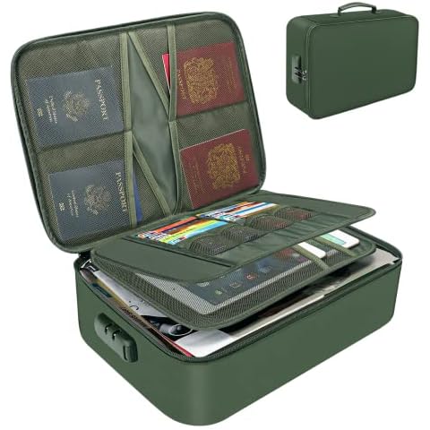 Fireproof Document Box Lockable Storage Box Multi-function Organizer Bag Portable Safe Bag Carry Case for Keeping Certificate Passport File Document Archives Bills Jewelry Cards Tablet Book ect Cover