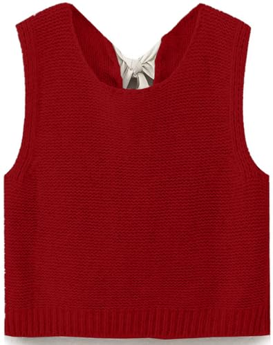 Image of Y2k Bow Tie Back Sweater Vest Top for Women Sleeveless Crochet Short Sweater Casual Crop Knit Cardigan Vest Knitted Tank Tops Red