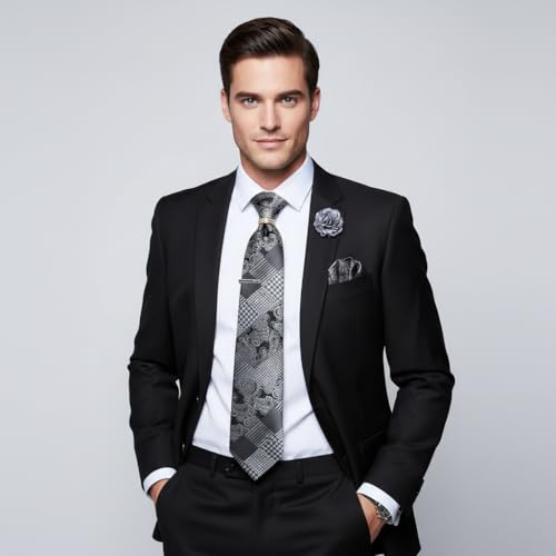 Image of 5PCS Mens Silk Designer Tie, Pocket Square, Cufflinks, Drilled Tie Ring and Lapel Pin Set for Wedding Groom Party