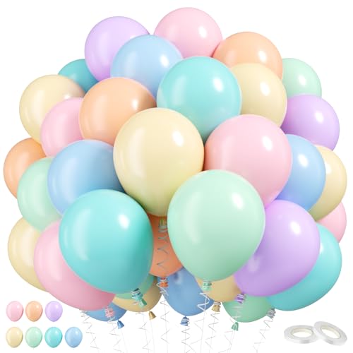 Image of Pastel Balloons, 60 Pcs 12 Inch Pastel Rainbow Balloons in Teal Green Blue Orange Yellow Pink Purple for Easter Spring Birthday Baby Shower Decorations