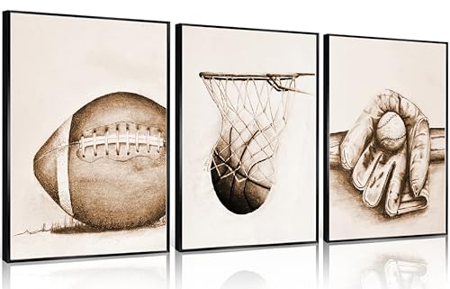 3Pcs Sports Wall Art Football Baseball Basketball Theme Painting Picture Wall Decor Vintage Sport Poster Print Artwork for Boy Room Playroom Bedroom Gameroom Home Decoration【UNFRAMED】