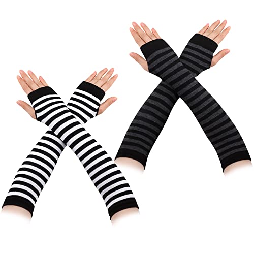 Boyiee 2 Paar Frauen Fingerlose handschuhe gestreift lang Armstulpen Damen Striped Arm Warmers Therian Stuff Für Carnaval Stricken Armwärmer Daumenloch Dehnbare Warme Handschuhe für Herbst und Winter