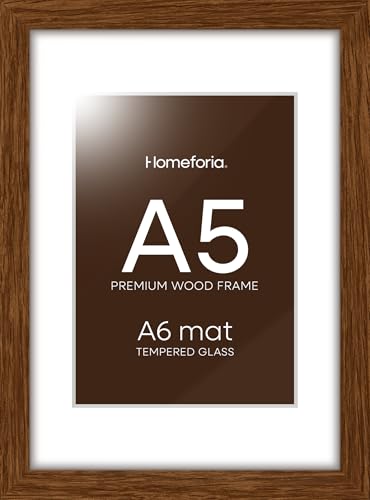 Image of Homeforia A5 Brown Oak Picture Frame, High-End Wood, A6 Mat, Glass | High End Solid Oak Wood, Tempered Glass, Acid-Free A6 Removable Mat, A5 Edge-to-Edge Display, Wall Kit, Set Of 1