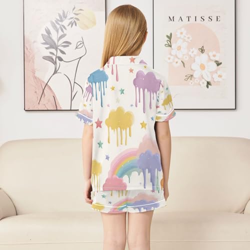 Satin Pajama Sets Short Sleeve Colorful Clouds and Stars Pattern Button Down Silky Nightwear 2 Piece PJS 5-14Y4