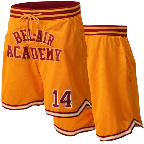 Amzdest Men Retro Mesh Embroidered with Pockets The Fresh Prince of Bel Air Academy 14 Sports Dry Basketball Shorts(Yellow Large)