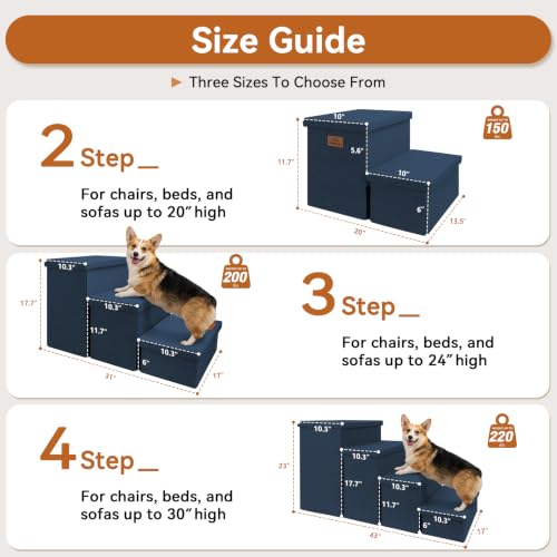 Image of Zerbuger Dog Stairs with Storage, Navy Blue 4 Steps Dog Ramp no Condo | 23 inch H Wider Dog Steps for High Beds Couch, Folding Storage Pet Stairs Gift for Climbing Small /Medium /Large Old Dogs Cats