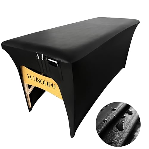 Wipeable Lash Bed Cover PU Leahter Massage Table Cover with Storage Pocket, Reusable Massage Bed Cover Black Spa Bed Cover High Elasticity Wax Bed Cover for Esthetician (6FT, Black)