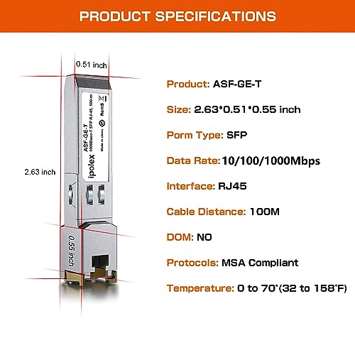 Image of ipolex 10 /100 /1000BASE-T Copper SFP to RJ45 Transceiver, Auto-Negotiation Gigabit Mini-GBIC RJ45 SFP Module, Compatible with Cisco GLC-T(10 /100 /1000), SFP-GE-T(10 /100 /1000Mbps), up to 100M Over Cat5e