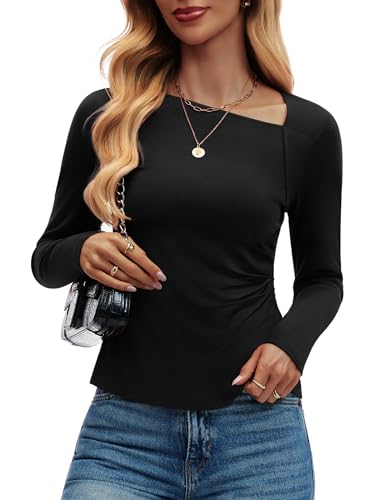 Women's Classy Asymmetrical Neck Long Sleeve Shirts Slim Fitted Ruched Trendy Going Out Tops 2025