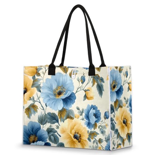 Vintage Blue Yellow Flowers Tote Bag for Women Large Beach Bag Reusable Tote Bags for Work Travel Beach Shopping