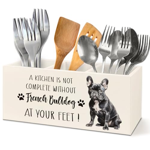 Cquwb Funny French Bulldog Decor Kitchen Utensil Holder,French Bulldog Gifts 3 Compartment Cooking Utensil Holder for Kitchen Counter,Dog Decorative Wooden Storage Organizer Box,3.5x7.9inch