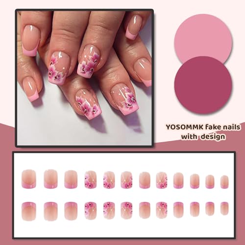 YOSOMMK Cute Pink Square Press on Nails Short Fake Nails with Flower Designs French Tip Glue on Acrylic Nail Glossy Full Cover False Nail for Women and Girls - Image 4