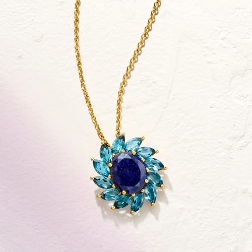 Ross-Simons 4.30 Carat Sapphire and 3.30 ct. t.w. London Blue Topaz Flower Pendant Necklace in 18kt Gold Over Sterling. 18 inches3